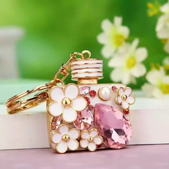 Pink Crystal Flower Perfume Bottle Keychain Charm - Picture 1 of 16